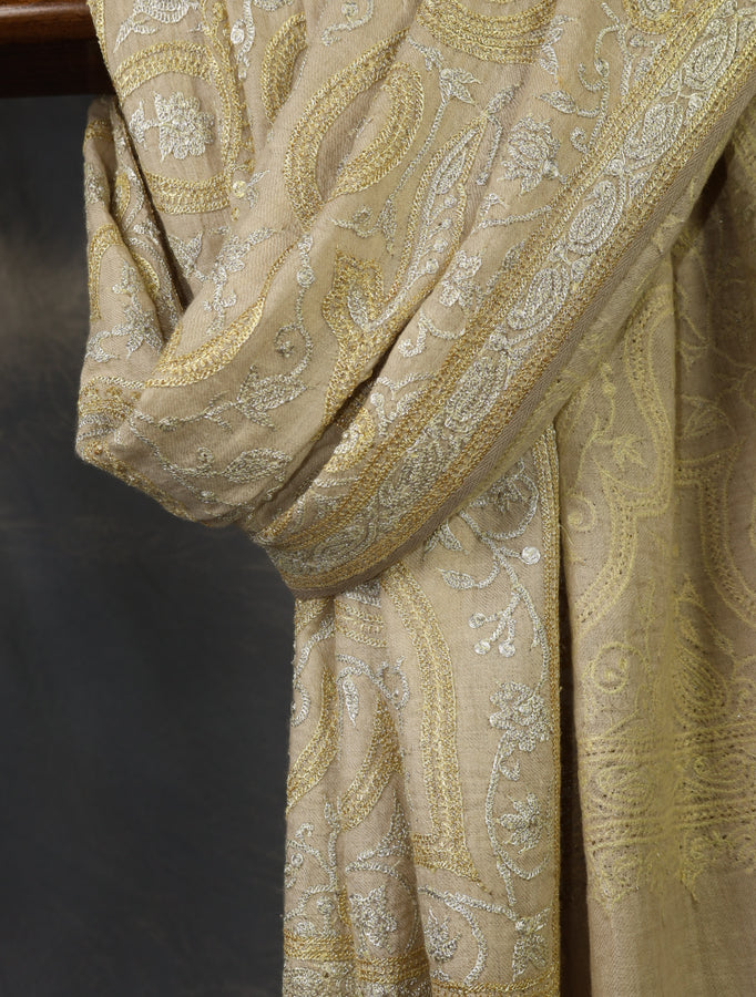 Ivory Base Gold & Silver Tilla Embroidery Pashmina Shawl