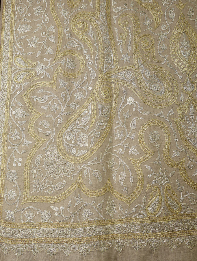 Ivory Base Gold & Silver Tilla Embroidery Pashmina Shawl