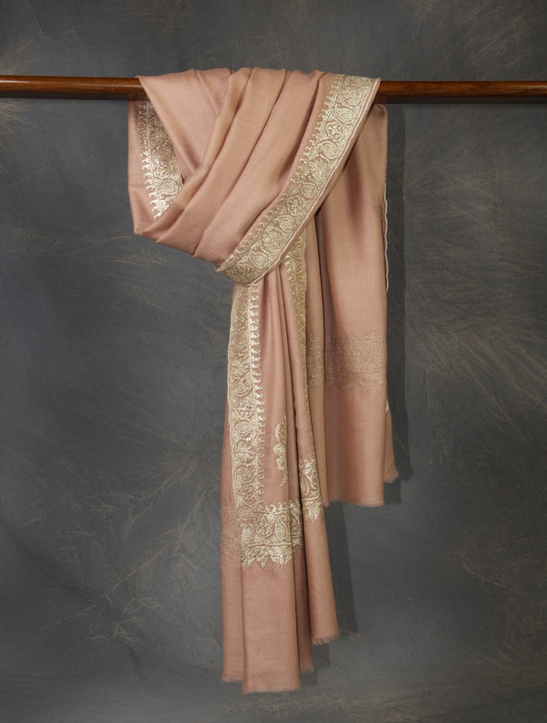 Natural Base Small border Tilla Embroidery Pashmina Shawl — Tilla gold embroidery pashmina shawl from Kashmir