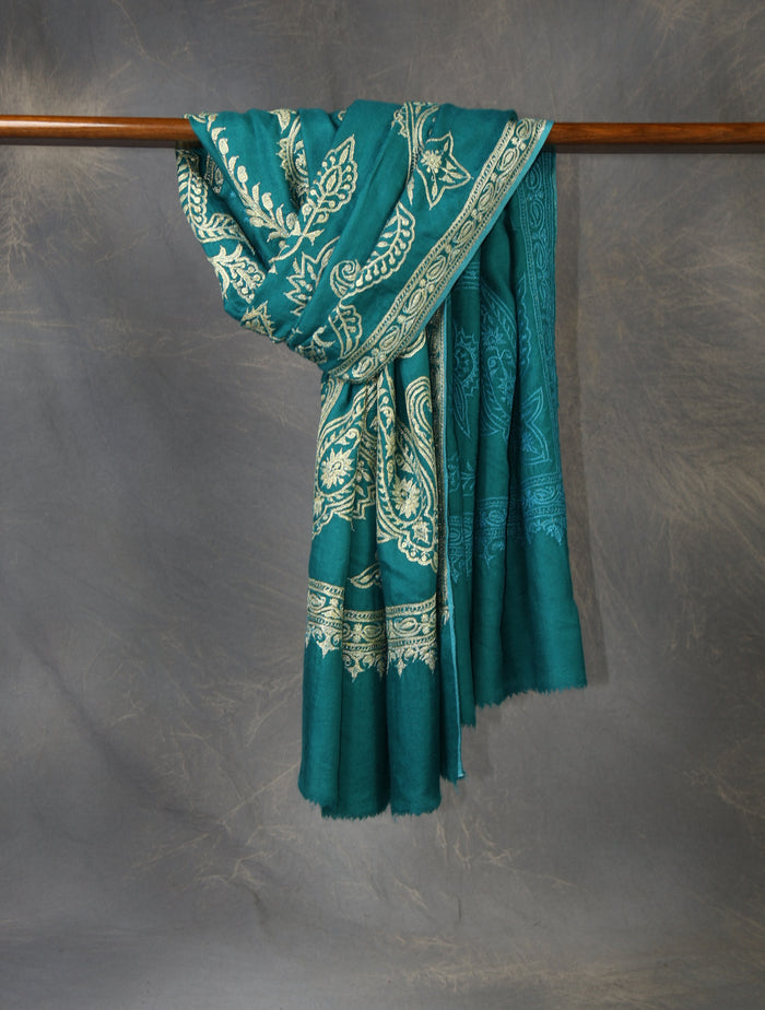 Teal Tilla Embroidery Pashmina Shawl