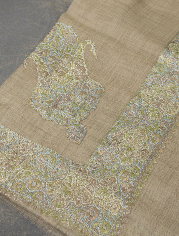Ivory Base Pashmina Mussar With Greenish Tone Embroidery