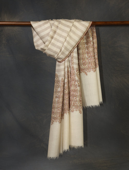 Ivory Striped Base With Big Border Embroidery Cashmere Pashmina Shawl