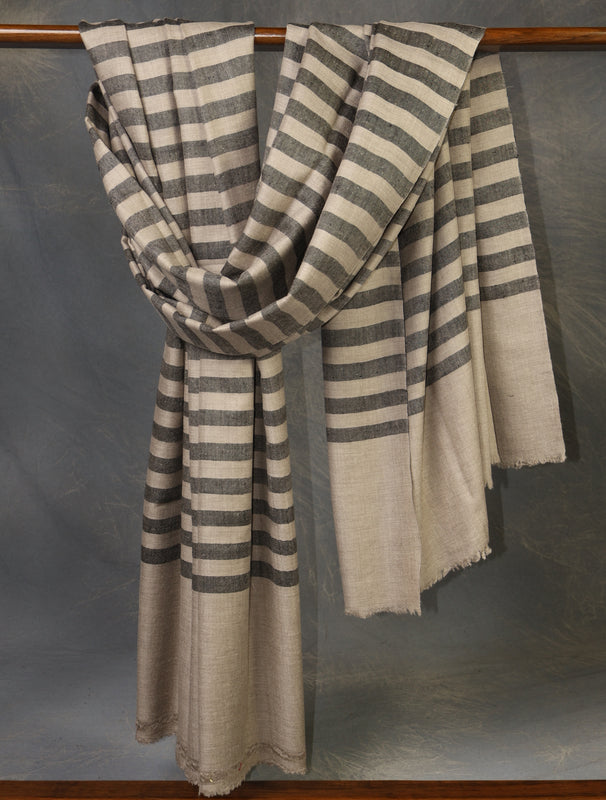 3 Yard Natural and Black Striped Handwoven Cashmere Pashmina Shawl