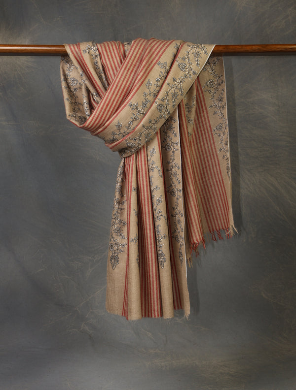 Taupe Striped Jali Embroidery Pashmina Cashmere Shawl — Jali openwork embroidery pashmina shawl from Srinagar