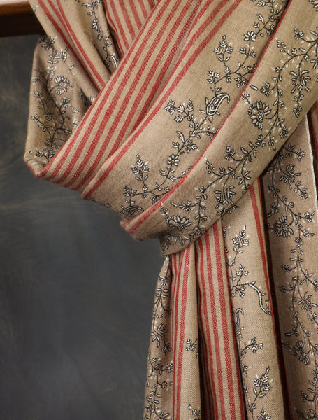 Taupe Striped Jali Embroidery Pashmina Cashmere Shawl