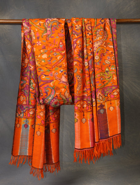 3 Yard Orange Base Jamawar Kani Pashmina Shawl