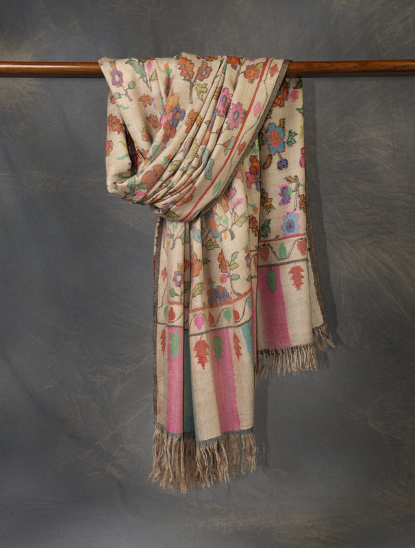 Light Beige Base Jamawar Kani Pashmina Shawl