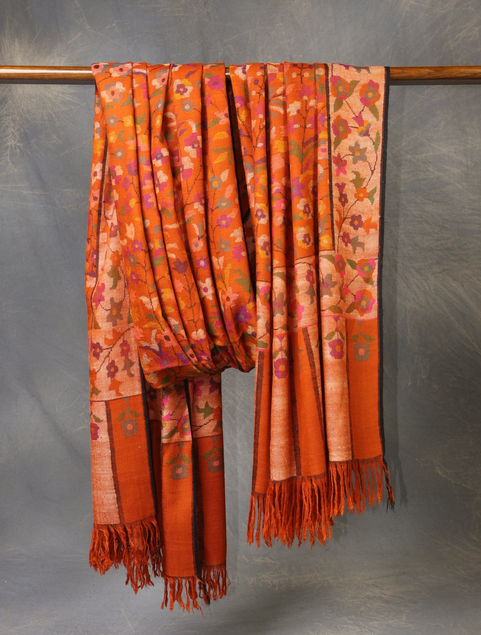 3 Yard Rust Orange Base Jamawar Kani Pashmina Shawl