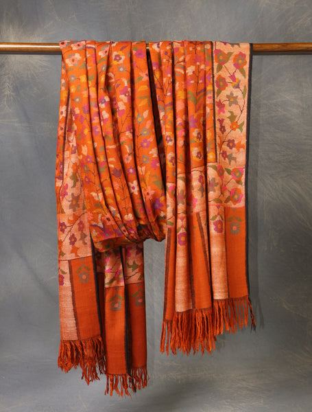 3 Yard Rust Orange Base Jamawar Kani Pashmina Shawl
