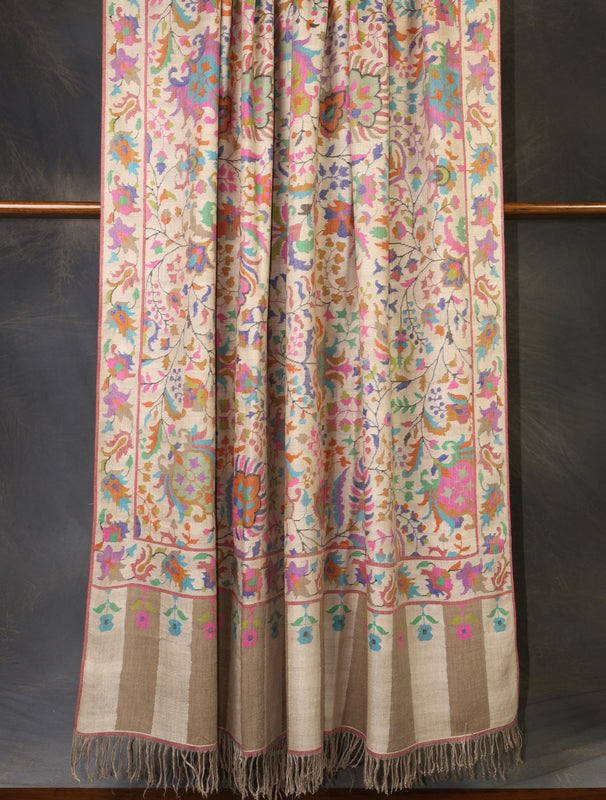 3 Yard Off White Base Multi Color Jamawar Kani Pashmina Shawl