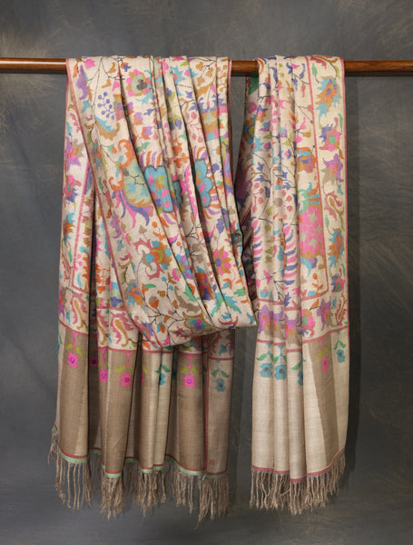 3 Yard Off White Base Multi Color Jamawar Kani Pashmina Shawl