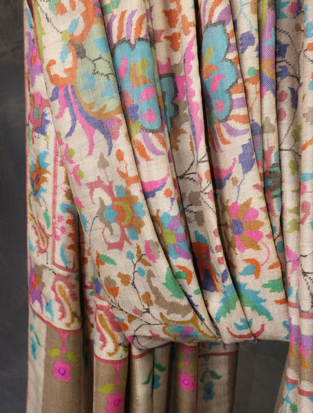 3 Yard Off White Base Multi Color Jamawar Kani Pashmina Shawl