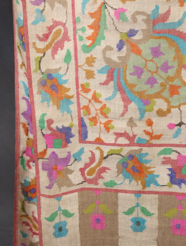 3 Yard Off White Base Multi Color Jamawar Kani Pashmina Shawl