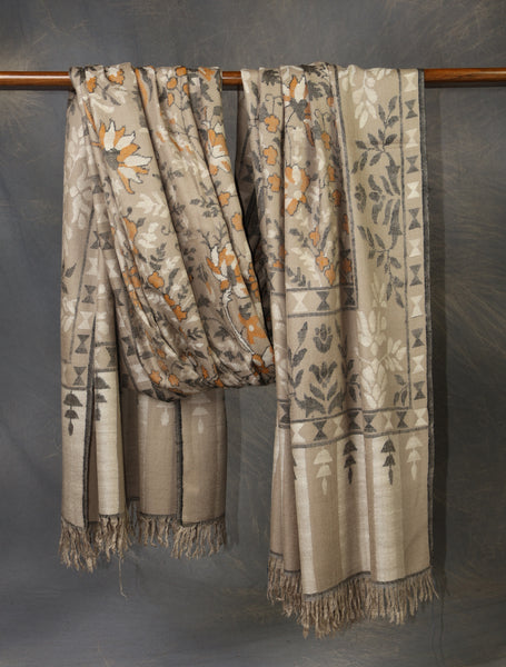 3 Yard Greige Base Jamawar Kani Pashmina Shawl