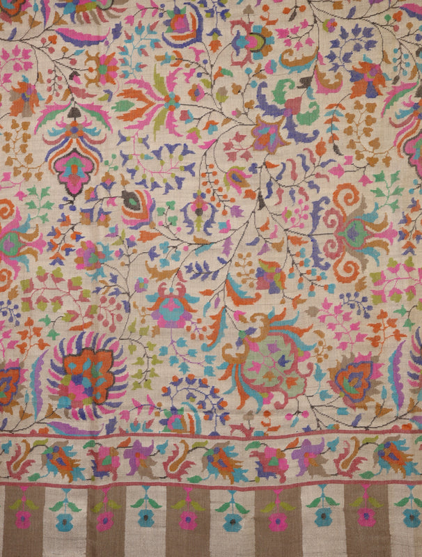 3 Yard Off White Base Multi Color Jamawar Kani Pashmina Shawl