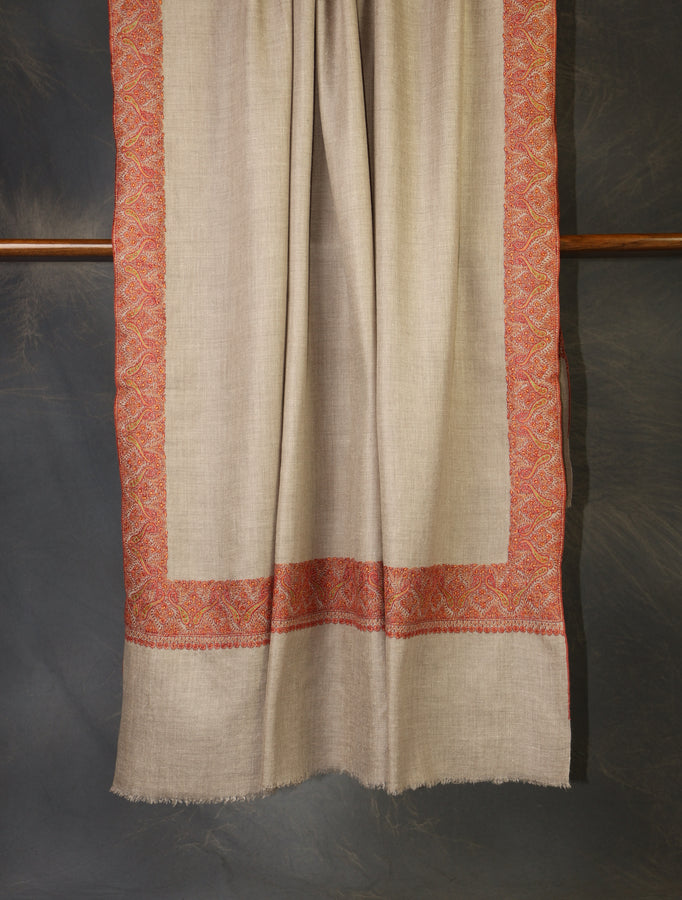 Natural Colour Base Big Border Embroidery Cashmere Pashmina Shawl