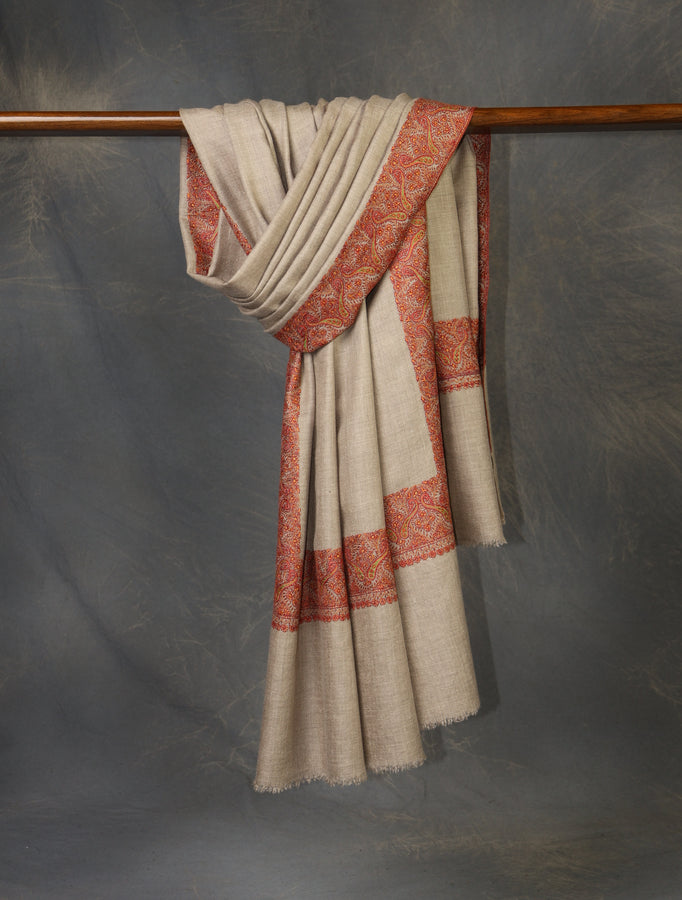 Natural Colour Base Big Border Embroidery Cashmere Pashmina Shawl