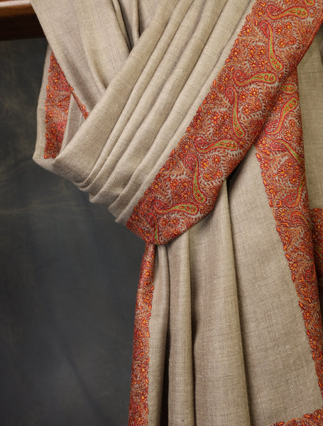 Natural Colour Base Big Border Embroidery Cashmere Pashmina Shawl