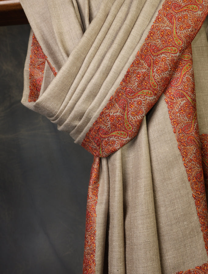 Natural Colour Base Big Border Embroidery Cashmere Pashmina Shawl
