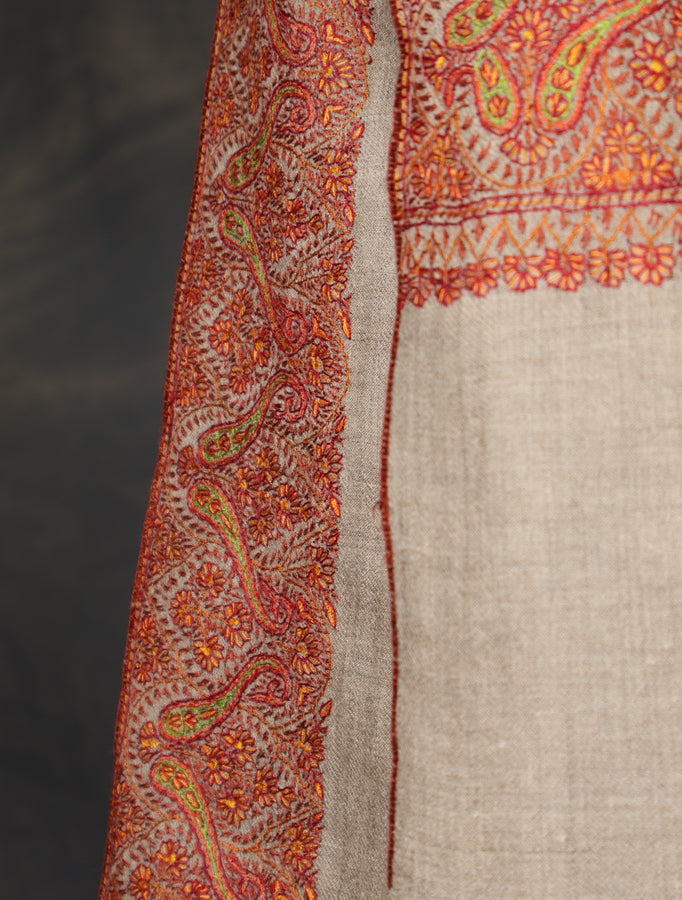Natural Colour Base Big Border Embroidery Cashmere Pashmina Shawl