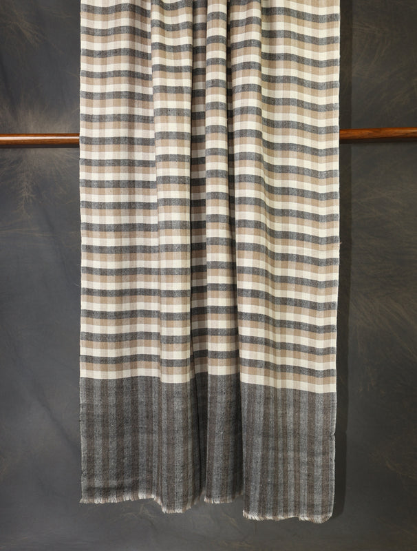 Natural and Black Checked Handwoven Cashmere Pashmina Shawl