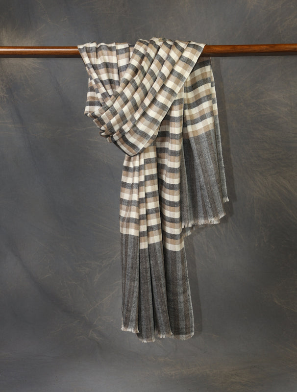 Natural and Black Checked Handwoven Cashmere Pashmina Shawl