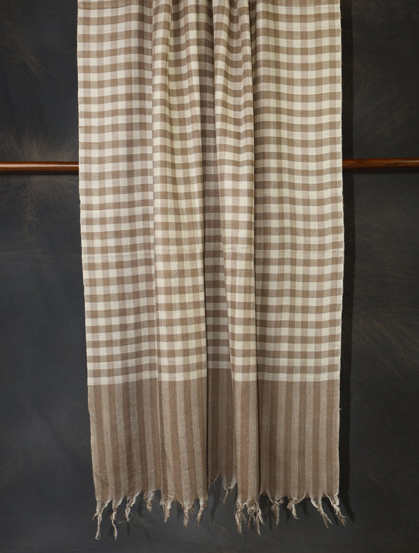 Natural and Ivory Checked Handwoven Cashmere Pashmina Shawl