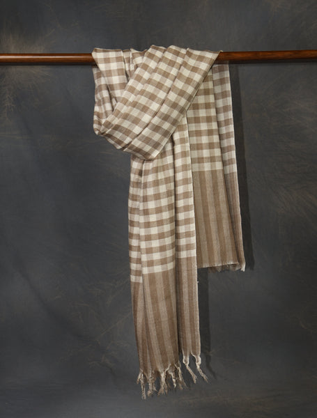 Natural and Ivory Checked Handwoven Cashmere Pashmina Shawl