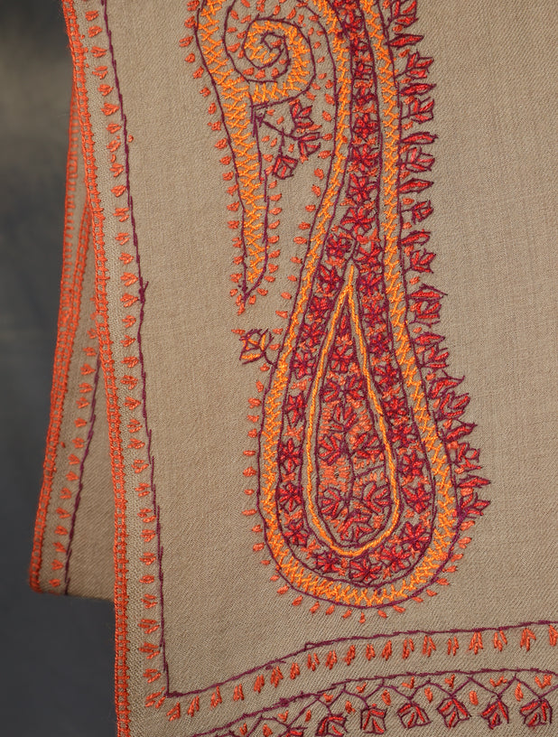 Natural Base Paisley Merino Embroidery Shawl
