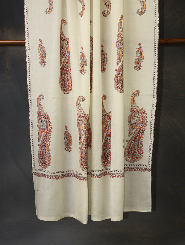 Ivory Base Paisley Merino Embroidery Shawl