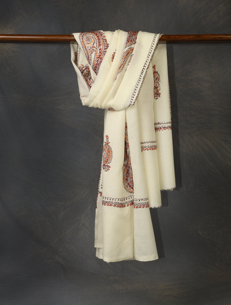 Ivory Base Paisley Merino Embroidery Shawl