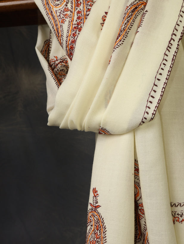 Ivory Base Paisley Merino Embroidery Shawl