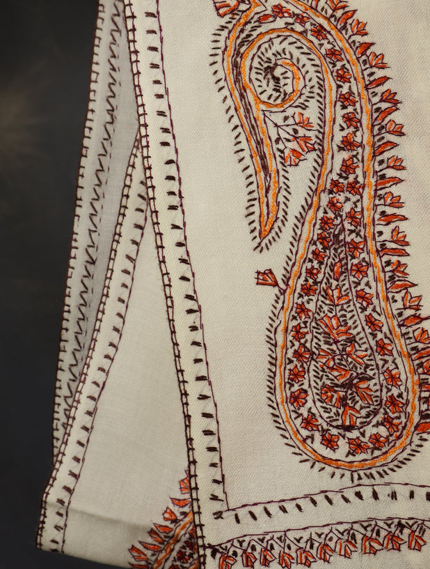 Ivory Base Paisley Merino Embroidery Shawl
