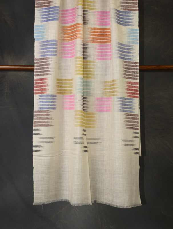 Ivory Base Multicolor Ikkat Handwoven Cashmere Pashmina Scarf