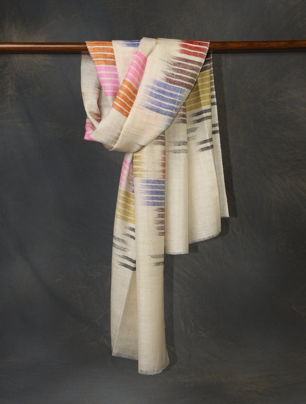 Ivory Base Multicolor Ikkat Handwoven Cashmere Pashmina Scarf