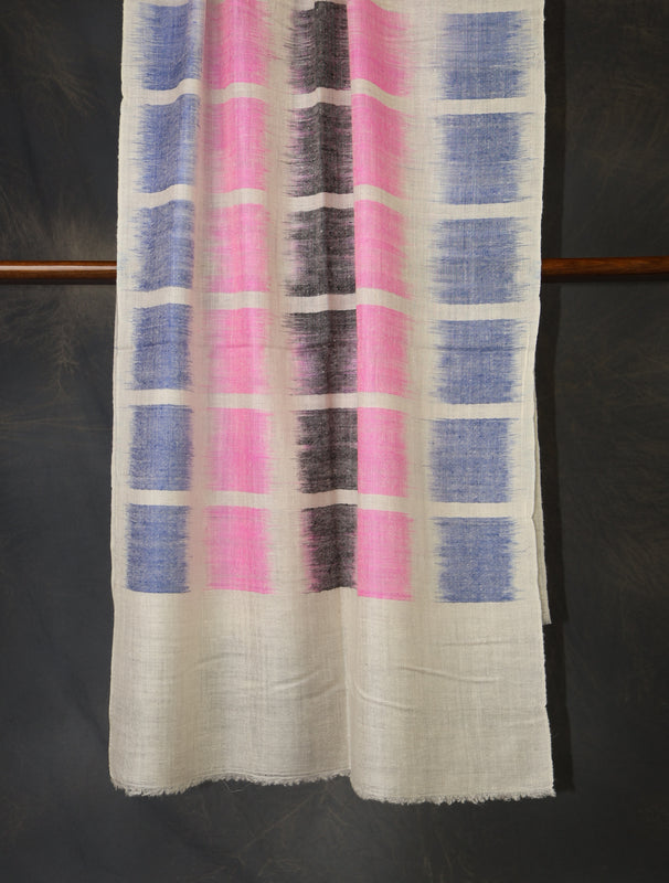 Ivory Base Multicolor Ikkat Handwoven Cashmere Pashmina Scarf