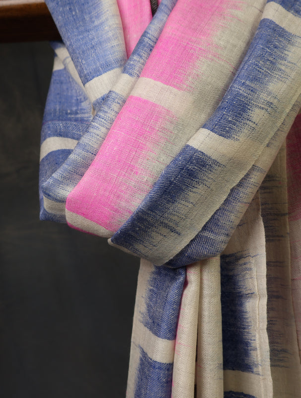 Ivory Base Multicolor Ikkat Handwoven Cashmere Pashmina Scarf