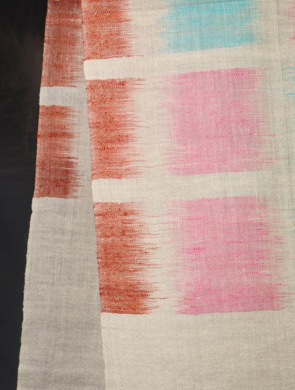 Ivory Base Multicolor Ikkat Handwoven Cashmere Pashmina Scarf