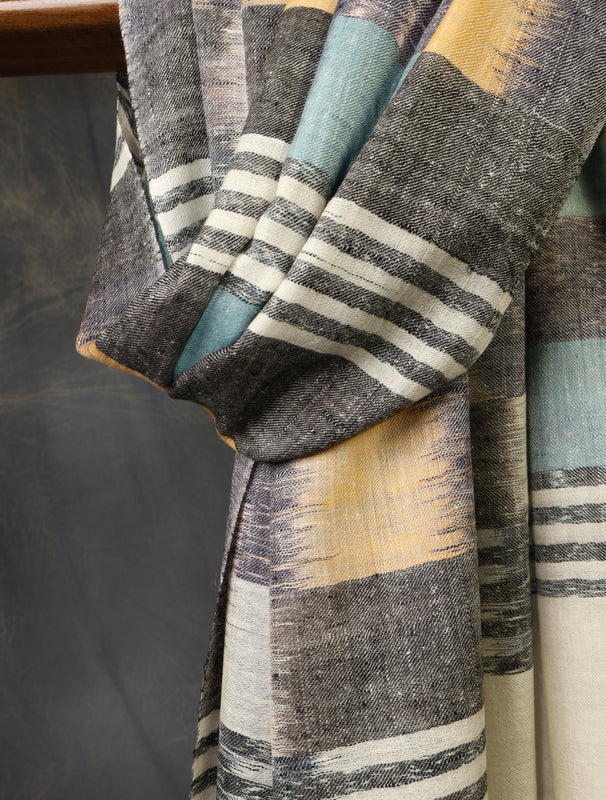 Ivory Base Multicolor Ikkat Handwoven Cashmere Pashmina Scarf