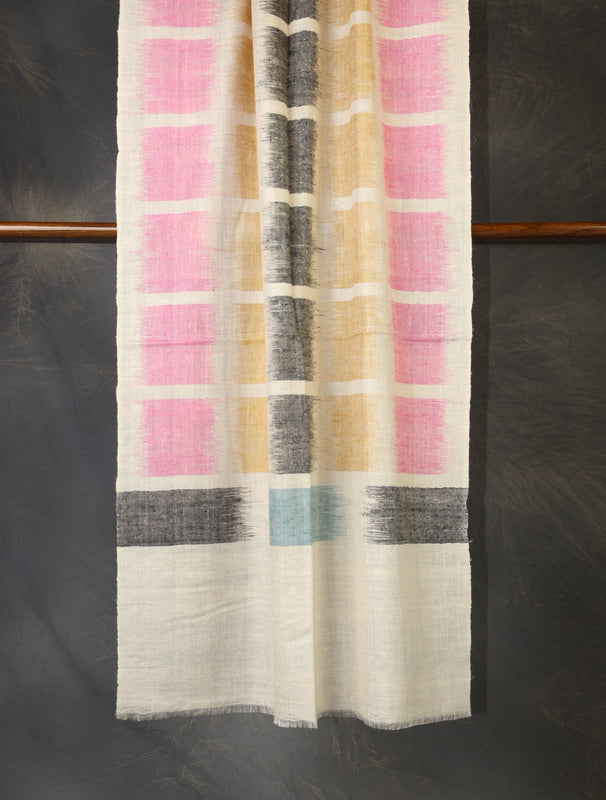 Ivory Base Multicolor Ikkat Handwoven Cashmere Pashmina Scarf