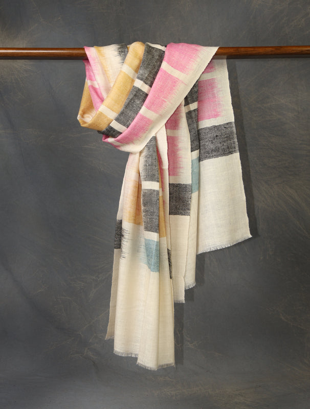 Ivory Base Multicolor Ikkat Handwoven Cashmere Pashmina Scarf