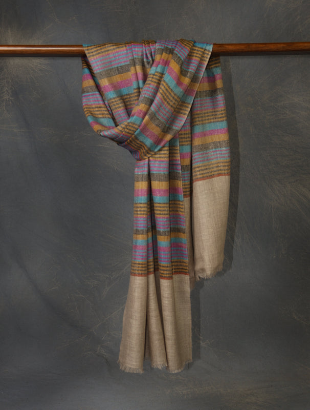 Natural Base Multi Colour Striped handwoven Cashmere Pashmina Scarf
