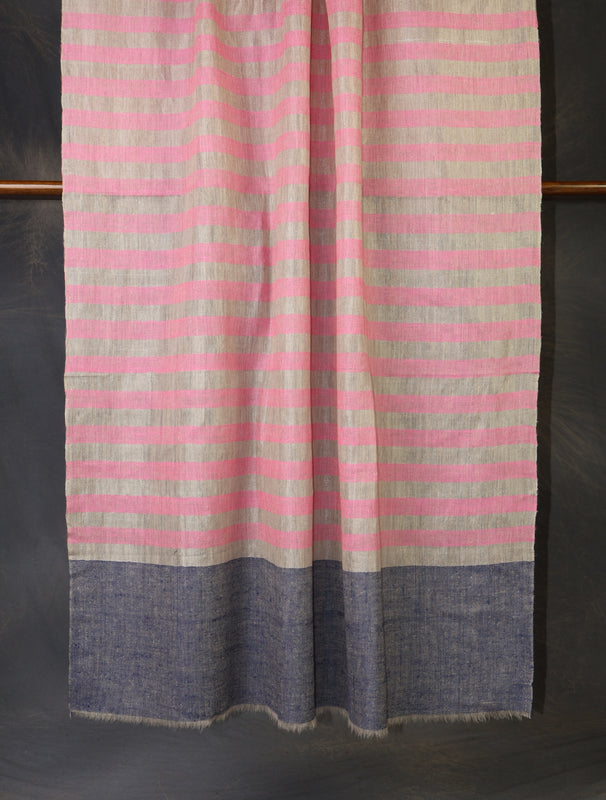 Baby Pink and Natural Zari Striped Handwoven Cashmere Pashmina Shawl