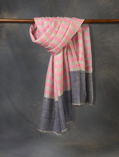 Baby Pink and Natural Zari Striped Handwoven Cashmere Pashmina Shawl