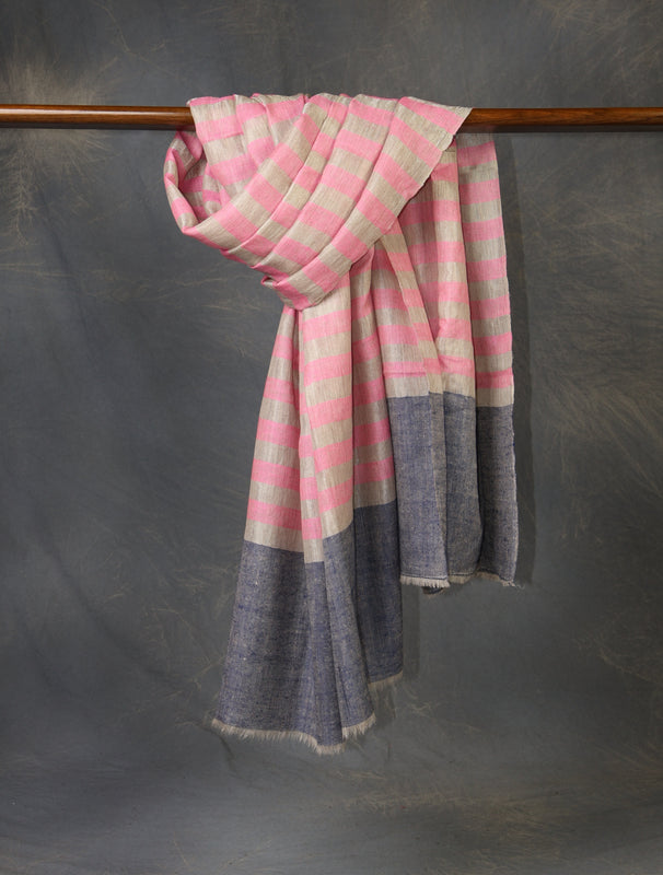Baby Pink and Natural Zari Striped Handwoven Cashmere Pashmina Shawl