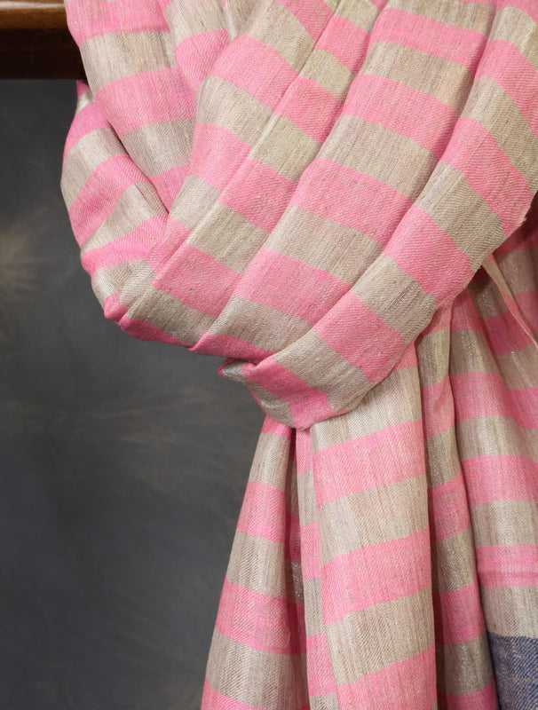 Baby Pink and Natural Zari Striped Handwoven Cashmere Pashmina Shawl