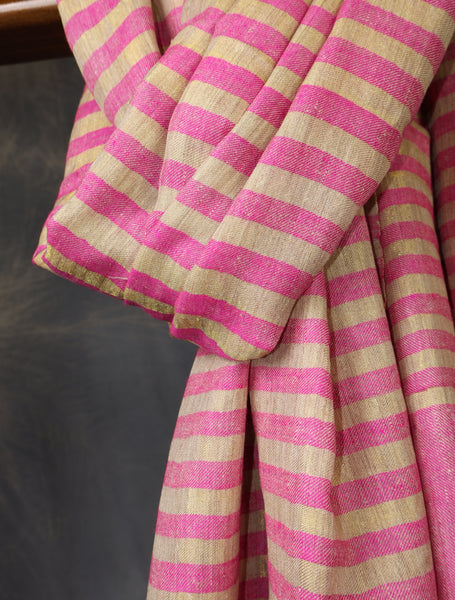 Pink and Natural Zari Striped Handwoven Cashmere Pashmina Shawl