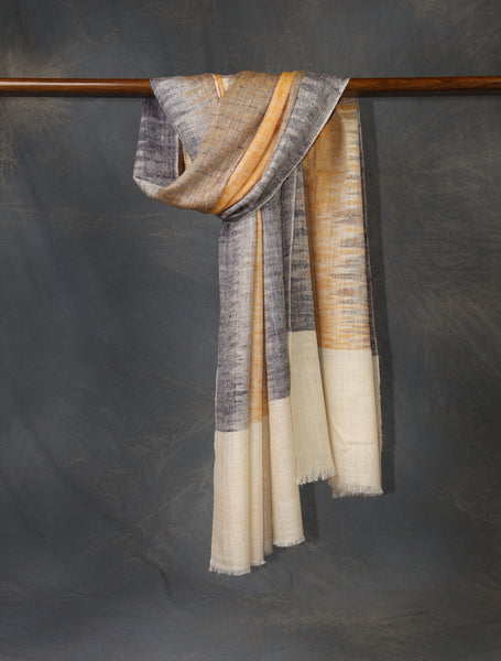 Ivory Base Mustard Ikkat Handwoven Cashmere Pashmina Scarf