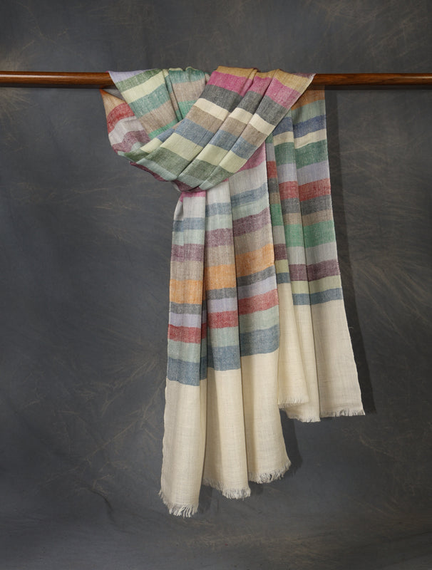 Ivory Base With Big Striped handwoven Cashmere Pashmina Scarf