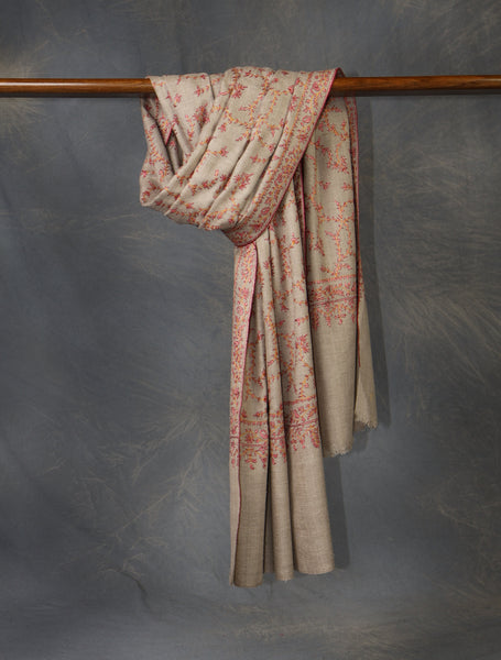 Natural Base Jali Embroidery Cashmere Pashmina Shawl
